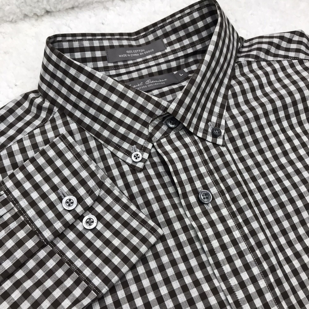 Cremieux Signaure‎ Button Shirt Mens Large Dark Brown Gingham Check Long Sleeve